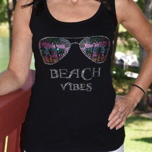 Girls Trip Beach Vibes rhinestone  black sleeveless tank sz XS S M L XL XXL 1X…